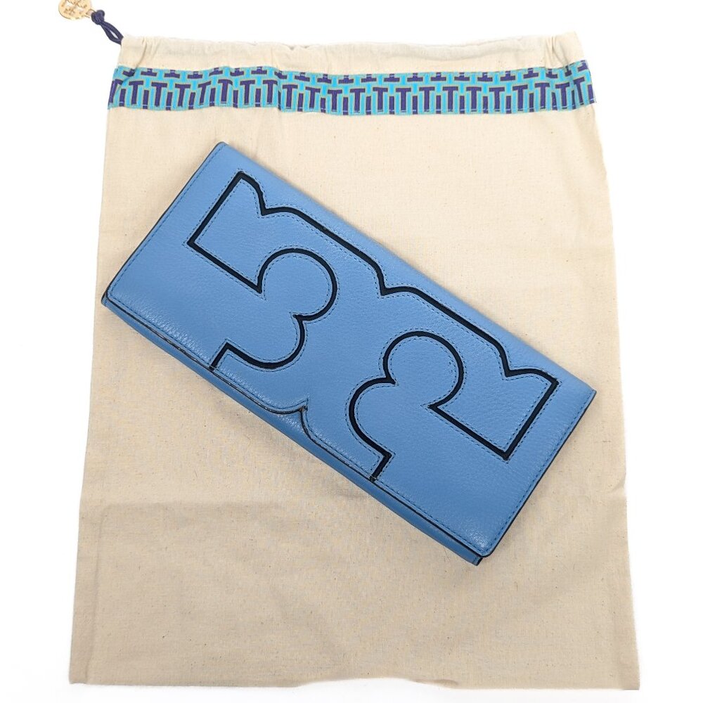 TORY BURCH Serif Blue Leather Clutch Large